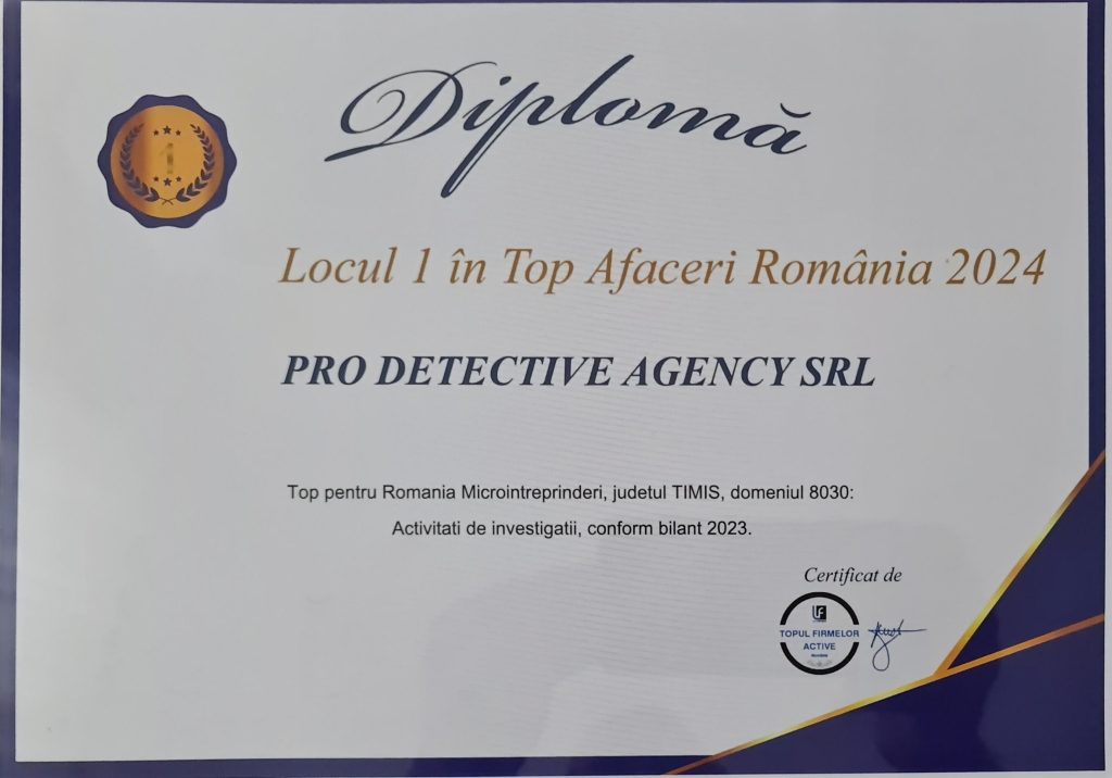 "Agentia de detectivi particulari Timisoara "Pro Detective Agency" s-a constituit si inregistrat la Oficiul Registrului Comertului de pe langa Tribunalul Timis (Timisoara),in anul 2005, fiind printre primele agentii licentiate de detectivi particulari din Romania. "Pro Detective Agency" s-a constituit ca societate specializata de detectivi particulari, cu obiect unic de activitate. Echipa Pro Detective Agency Timisoara vă oferă servicii profesioniste de investigatii,detectivi particulari în Timisoara și împrejurimi. Suntem o echipă de experți în domeniul investigațiilor private, cu o vastă experiență și o înțelegere profundă a aspectelor legale și etice asociate acestui domeniu.Efectuam investigatii in tara si strainatate."